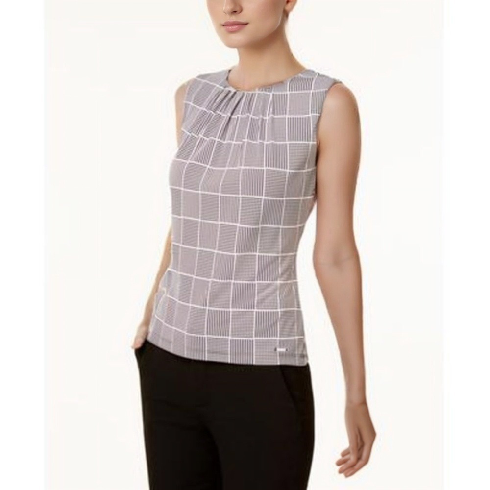 Calvin Klein Top‎ Womens PXL Black White Geometric Sleeveless Keyhole Blouse NWT